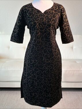 Vintage Velvet Black & Gold Swirl Sheath Dress - Elegant Double Slit Dress